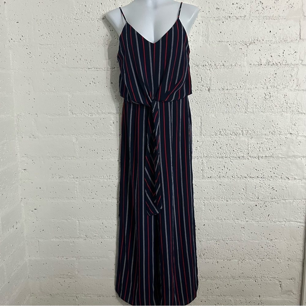 Monteau Womens Jumpsuit Romper M Red White Blue Striped Tie Front Zip Back BA11